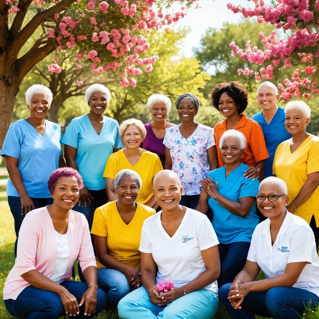 A powerful and uplifting scene depicting diverse cancer survivors sharing their stories in a warm, supportive environment. Include vibrant elements like blooming flowers symbolizing renewal and hope, while showing strong connections among individuals. Emphasize positivity and strength through their expressions and body language. The background could feature a sunny park setting, representing freedom and a new beginning. vibrant colors. super-realistic.
