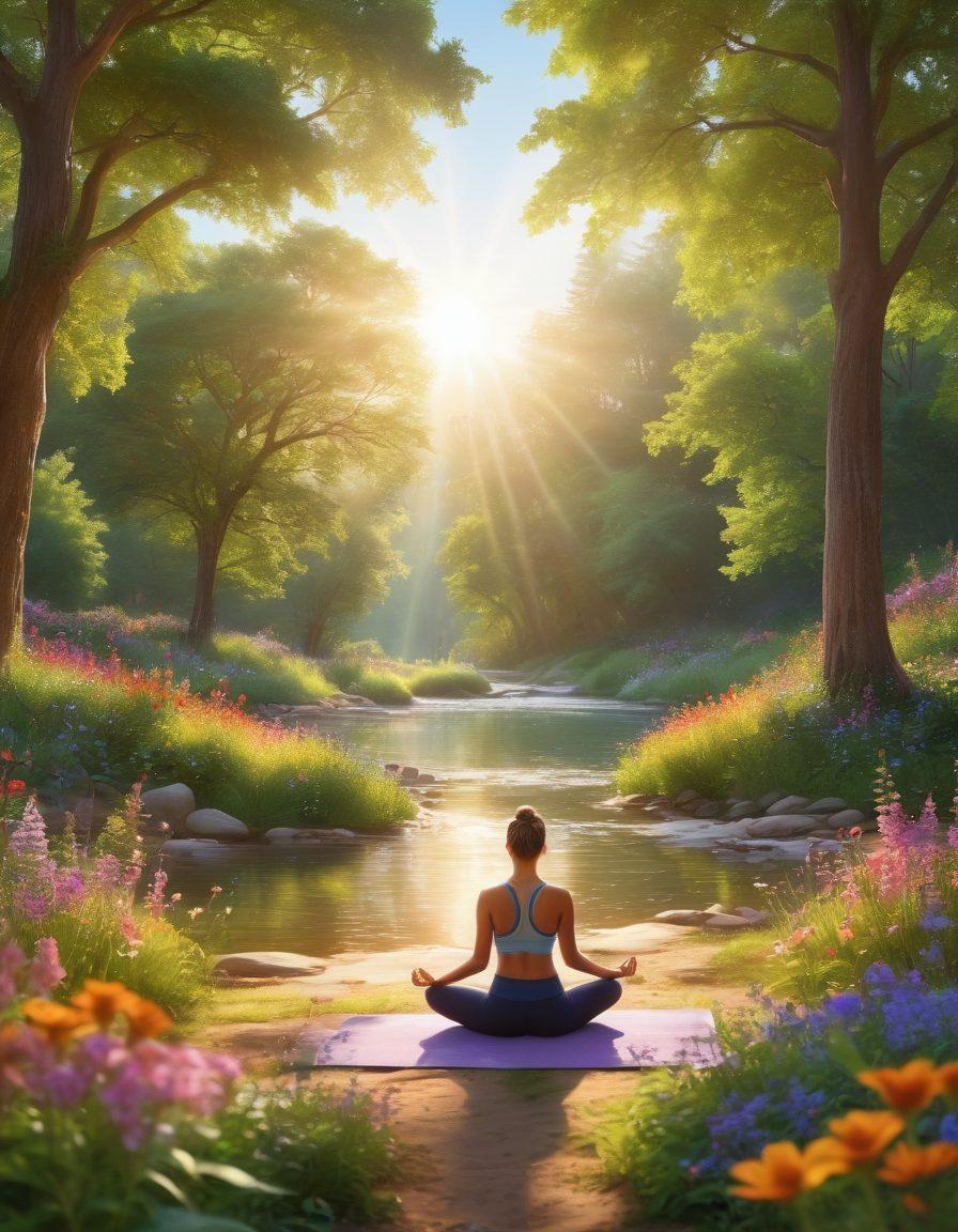 A serene landscape featuring a diverse group of people practicing yoga in a sunlit park, surrounded by lush greenery and colorful wildflowers. In the background, a gentle river flows, symbolizing healing and renewal. Bright, uplifting colors create a sense of hope and empowerment, with rays of sunlight piercing through the trees. super-realistic. vibrant colors. warm tones.