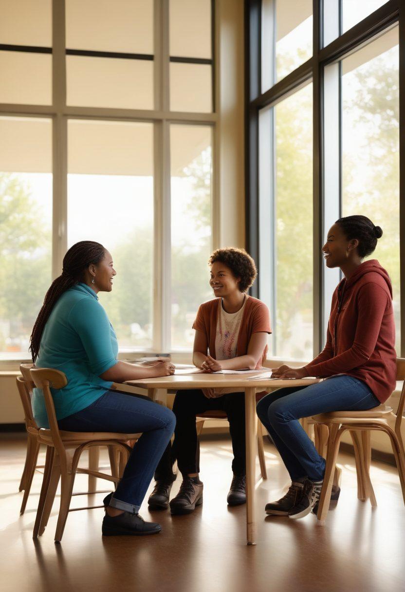 A powerful, uplifting scene depicting a diverse group of survivors engaging in supportive conversations in a warm, welcoming community center. Showcase a balance of hope and determination on their faces, with elements of care like supportive posters and resource tables. Include soft natural light streaming in through large windows to create an inviting atmosphere. Emphasize diversity in age, gender, and ethnicity to reflect an inclusive community. vibrant colors. super-realistic.